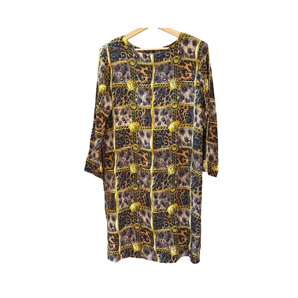 Vintage Patrick Silk Shift Dress Leopard Gold Chain Maximalist Glam Old Money